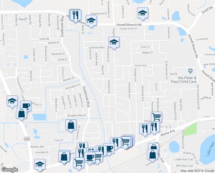 map of restaurants, bars, coffee shops, grocery stores, and more near 5206 Ardmore Drive in Winter Park