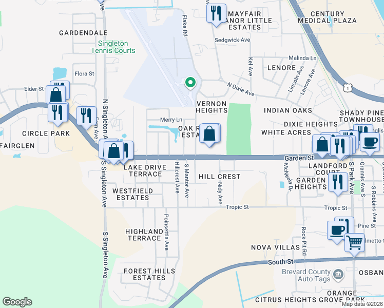 map of restaurants, bars, coffee shops, grocery stores, and more near 2500 Garden Street in Titusville