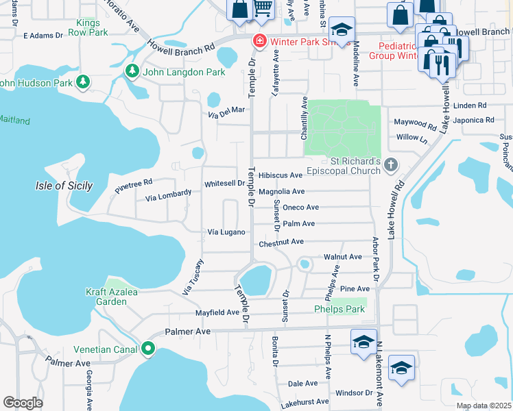 map of restaurants, bars, coffee shops, grocery stores, and more near 1900 Temple Drive in Winter Park