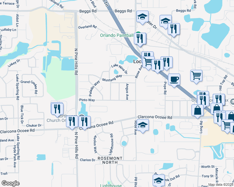 map of restaurants, bars, coffee shops, grocery stores, and more near 5311 Brahma Avenue in Orlando