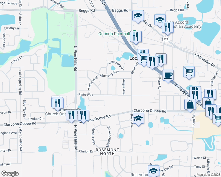 map of restaurants, bars, coffee shops, grocery stores, and more near 5301 Vance Avenue in Orlando