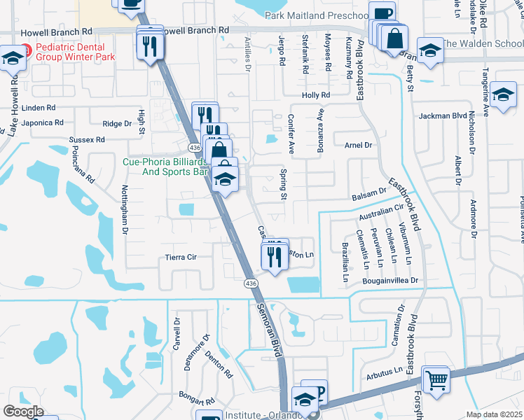 map of restaurants, bars, coffee shops, grocery stores, and more near 1881 Casselwood Street in Winter Park