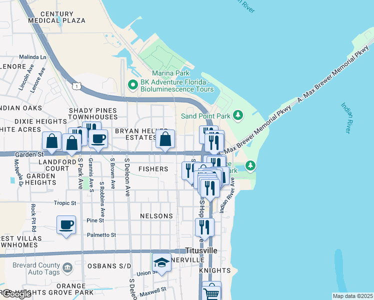map of restaurants, bars, coffee shops, grocery stores, and more near 414 Florida 406 in Titusville