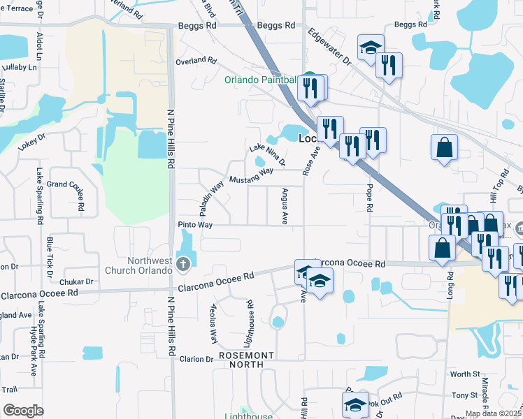 map of restaurants, bars, coffee shops, grocery stores, and more near 5311 Brahma Avenue in Orlando