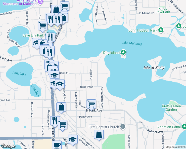 map of restaurants, bars, coffee shops, grocery stores, and more near 1760 Legion Drive in Winter Park