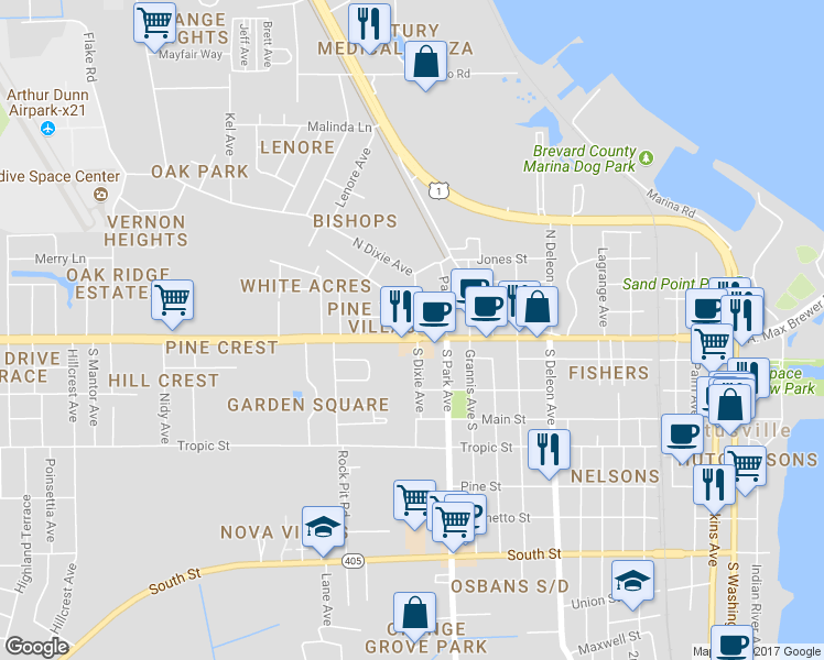 map of restaurants, bars, coffee shops, grocery stores, and more near 1504 Garden Street in Titusville