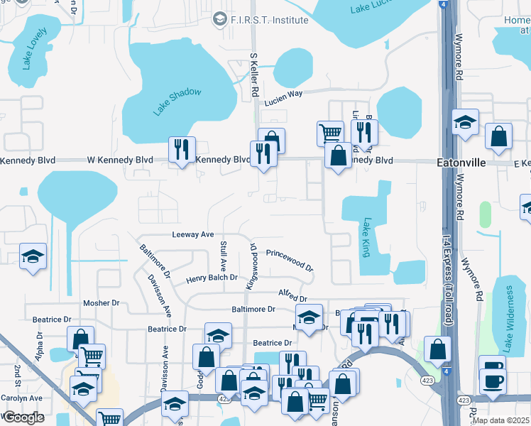 map of restaurants, bars, coffee shops, grocery stores, and more near 655 Katherine Avenue in Orlando