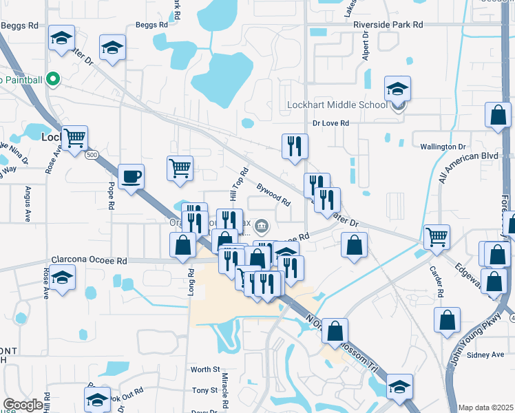 map of restaurants, bars, coffee shops, grocery stores, and more near 4121 Caywood Circle in Orlando