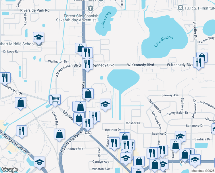 map of restaurants, bars, coffee shops, grocery stores, and more near 2213 Weston Point Drive in Orlando