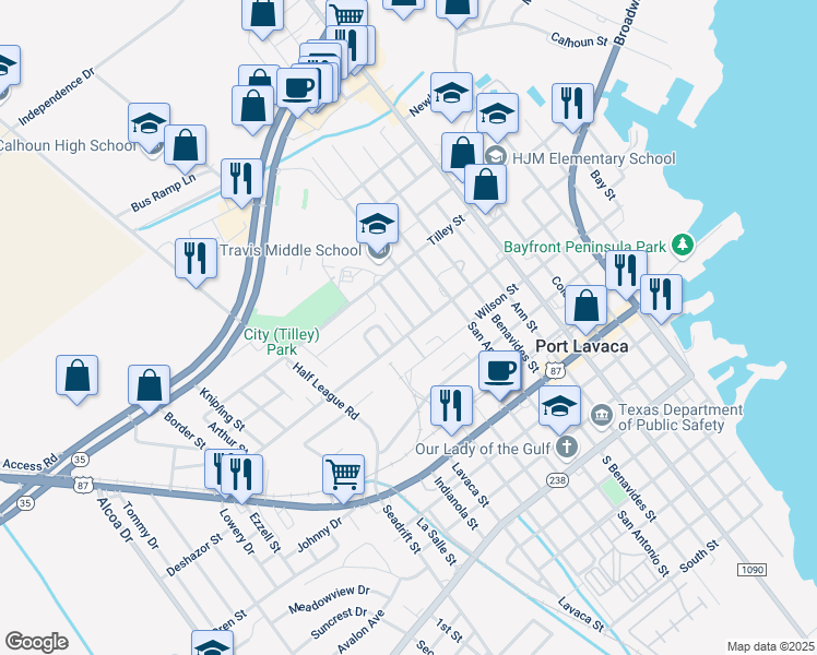 map of restaurants, bars, coffee shops, grocery stores, and more near 13A North Trinity Street in Port Lavaca