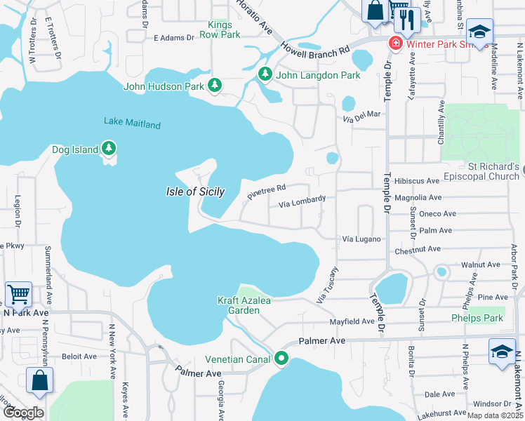 map of restaurants, bars, coffee shops, grocery stores, and more near 1751 Vía Amalfi in Winter Park