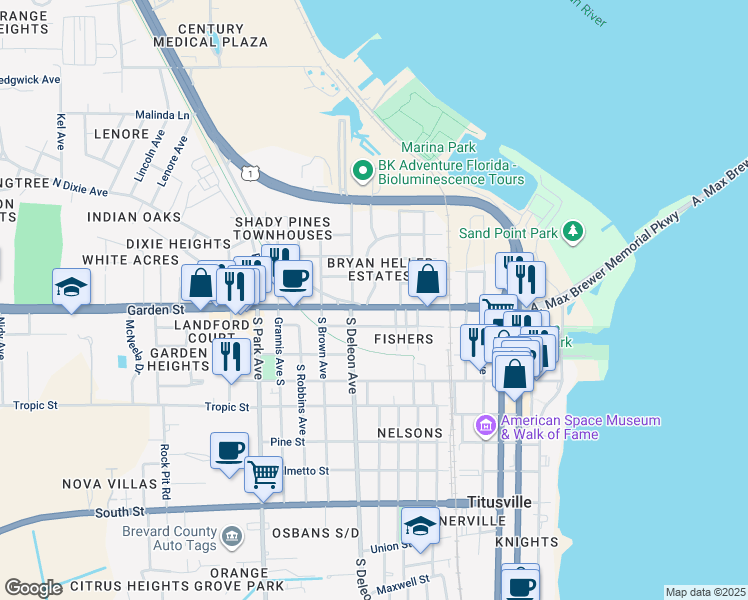 map of restaurants, bars, coffee shops, grocery stores, and more near 840 Garden Street in Titusville