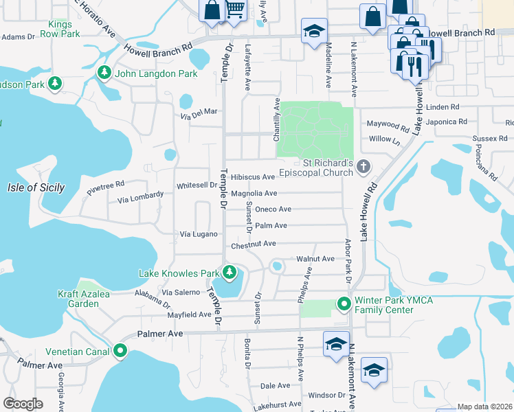 map of restaurants, bars, coffee shops, grocery stores, and more near 1414 Oneco Avenue in Winter Park