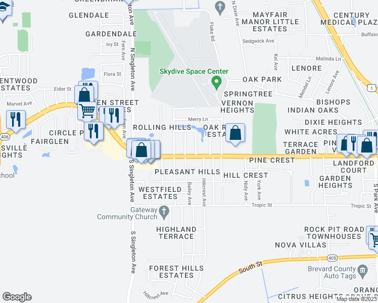 map of restaurants, bars, coffee shops, grocery stores, and more near 2550 Garden Street in Titusville