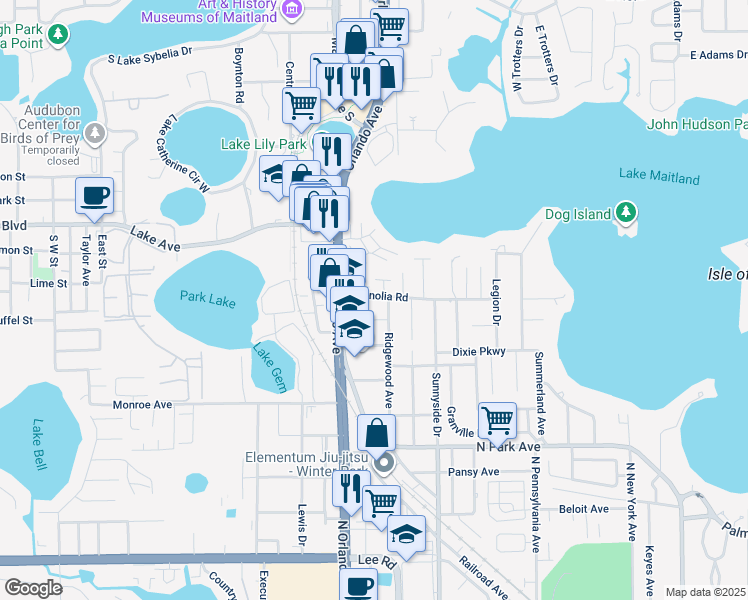 map of restaurants, bars, coffee shops, grocery stores, and more near 1450 South Orlando Avenue in Maitland