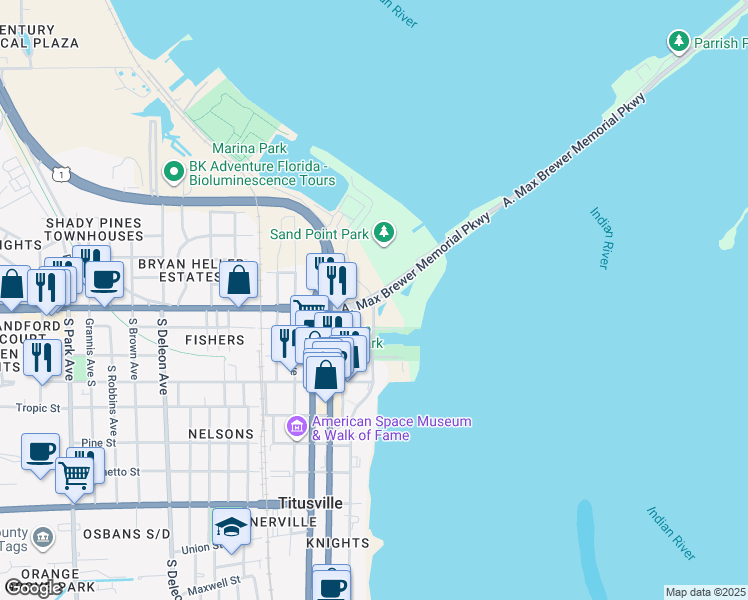 map of restaurants, bars, coffee shops, grocery stores, and more near 9 Indian River Avenue in Titusville