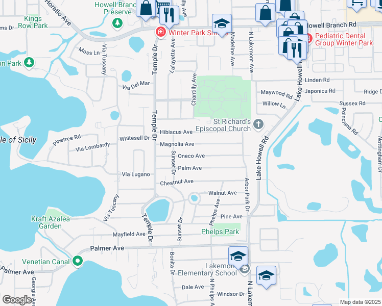 map of restaurants, bars, coffee shops, grocery stores, and more near 1531 Oneco Avenue in Winter Park