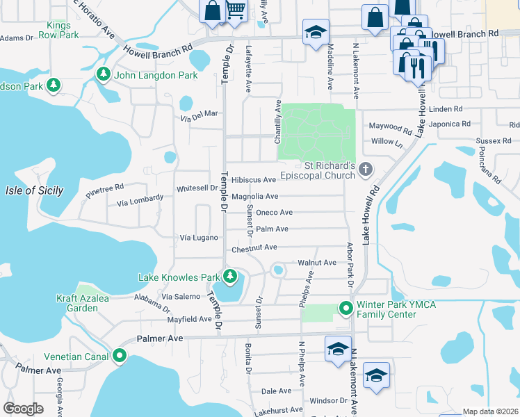 map of restaurants, bars, coffee shops, grocery stores, and more near 1414 Oneco Avenue in Winter Park