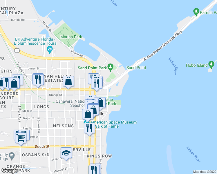 map of restaurants, bars, coffee shops, grocery stores, and more near 3 Indian River Avenue in Titusville