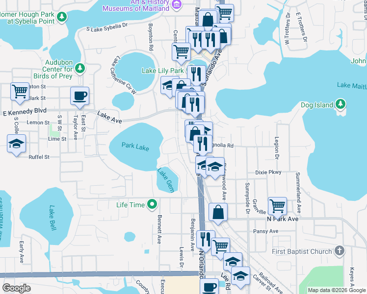 map of restaurants, bars, coffee shops, grocery stores, and more near 221 Circle Drive in Maitland