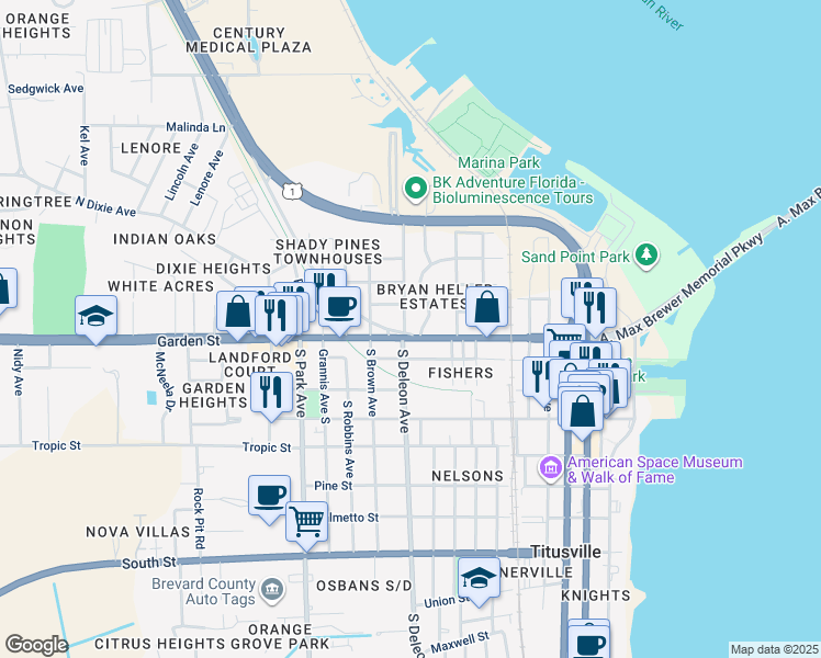 map of restaurants, bars, coffee shops, grocery stores, and more near 840 Garden Street in Titusville