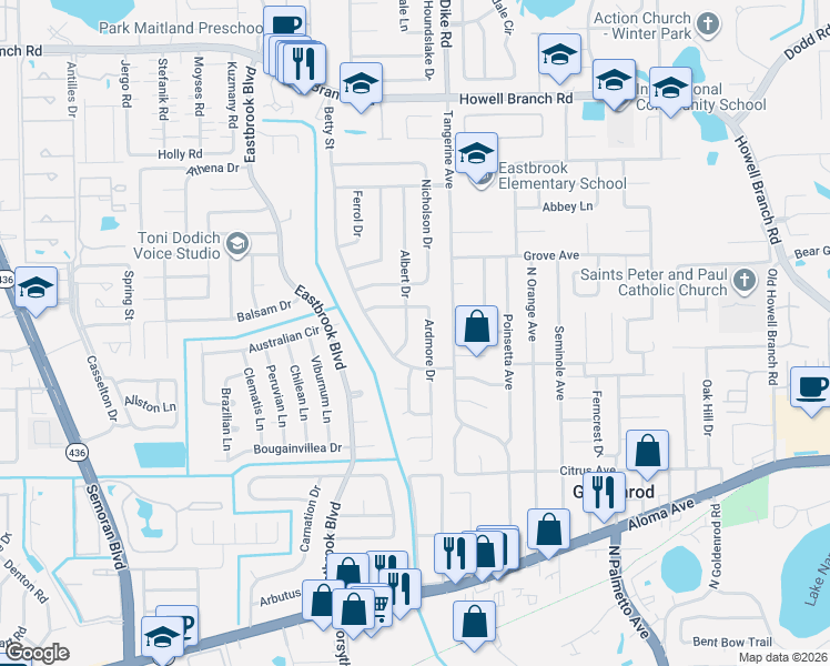 map of restaurants, bars, coffee shops, grocery stores, and more near 5206 Albert Drive in Winter Park