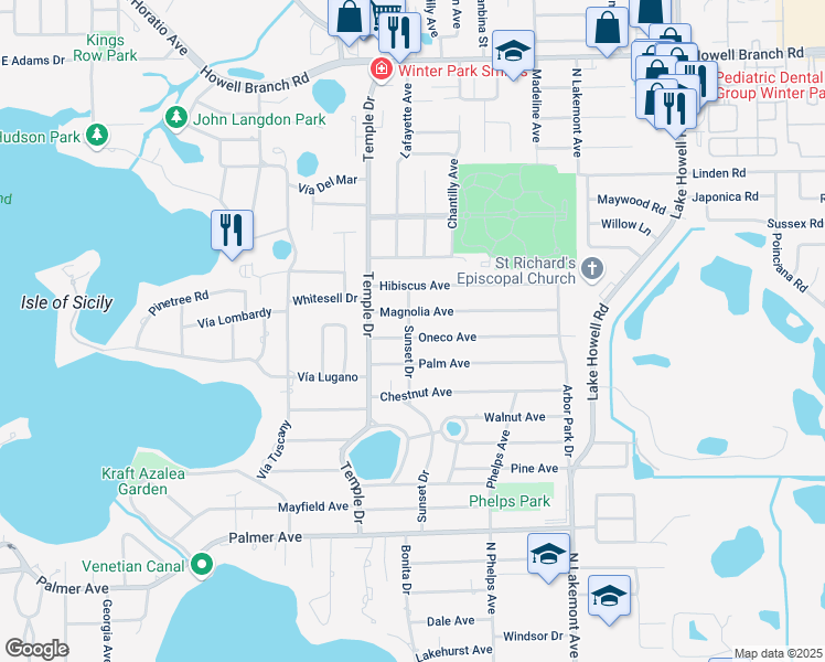 map of restaurants, bars, coffee shops, grocery stores, and more near 1414 Oneco Avenue in Winter Park