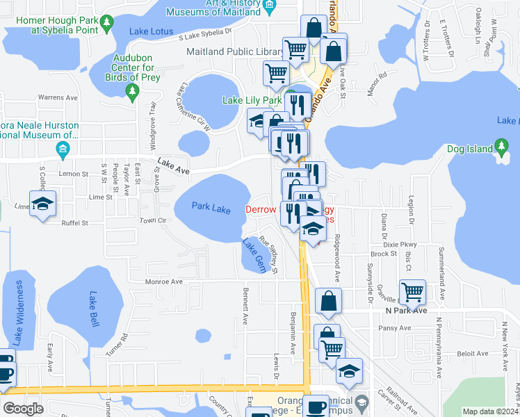 map of restaurants, bars, coffee shops, grocery stores, and more near 221 Circle Drive in Maitland