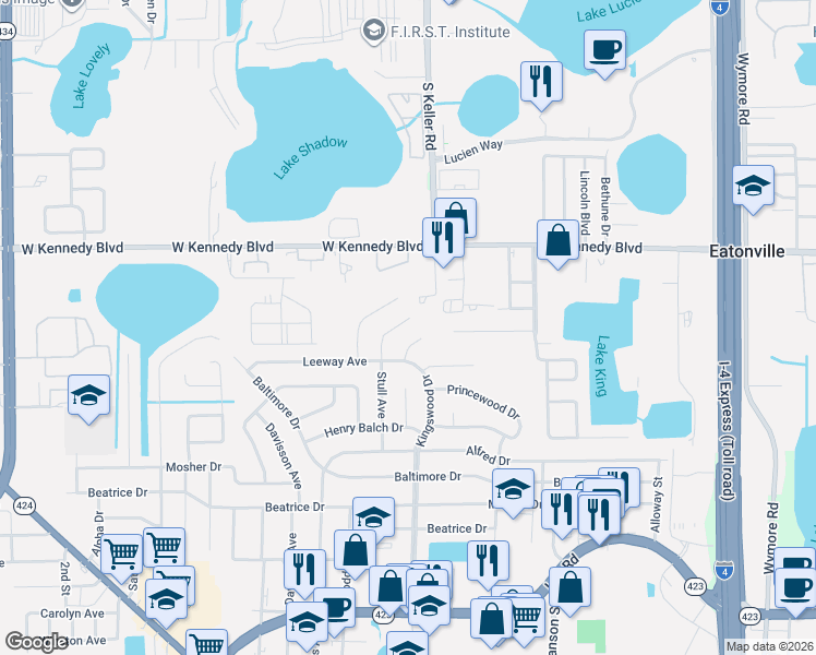 map of restaurants, bars, coffee shops, grocery stores, and more near 5624 Carris Court in Orlando