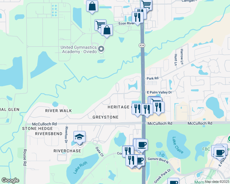 map of restaurants, bars, coffee shops, grocery stores, and more near 3645 Oakdale Circle in Oviedo