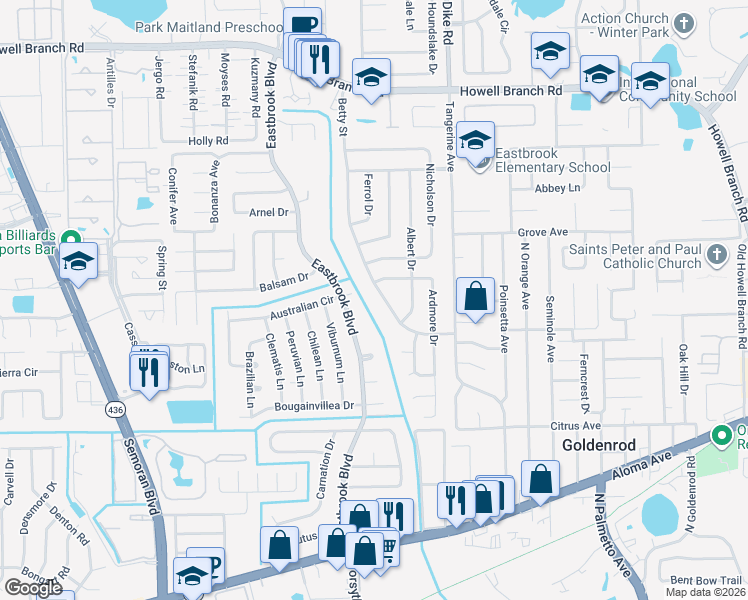 map of restaurants, bars, coffee shops, grocery stores, and more near 7128 Betty Street in Winter Park