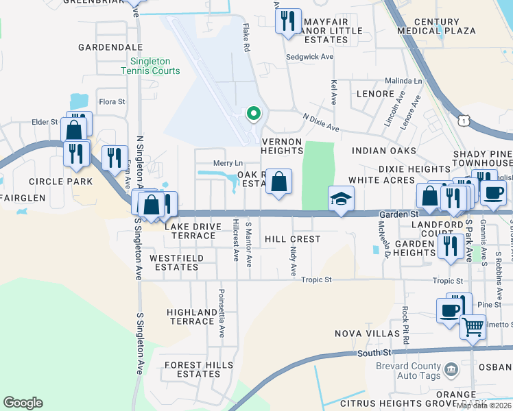 map of restaurants, bars, coffee shops, grocery stores, and more near 2500 Garden Street in Titusville