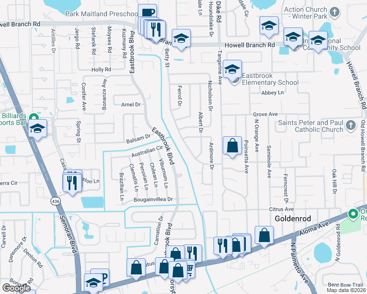map of restaurants, bars, coffee shops, grocery stores, and more near 7128 Betty Street in Winter Park