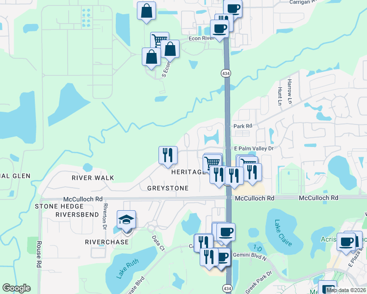 map of restaurants, bars, coffee shops, grocery stores, and more near 3645 Oakdale Circle in Oviedo
