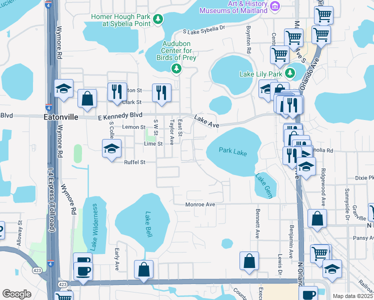 map of restaurants, bars, coffee shops, grocery stores, and more near 856 Town Circle in Maitland
