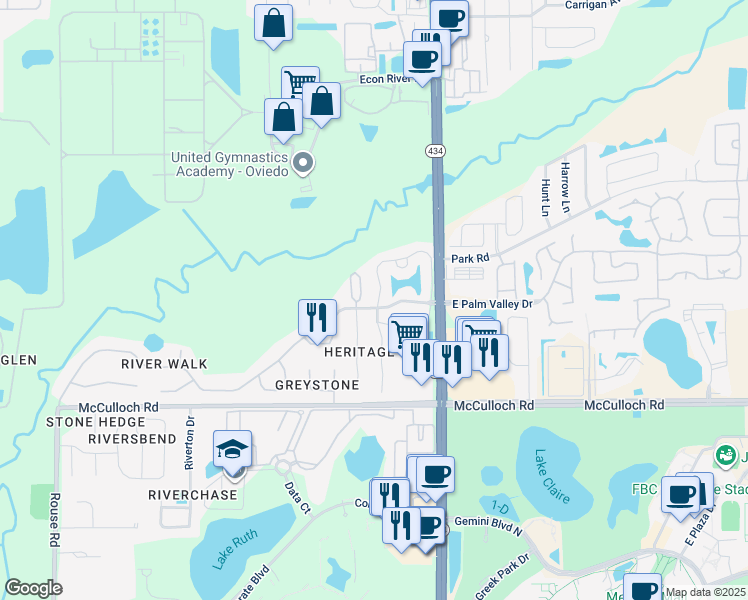 map of restaurants, bars, coffee shops, grocery stores, and more near 149 Reserve Circle in Oviedo