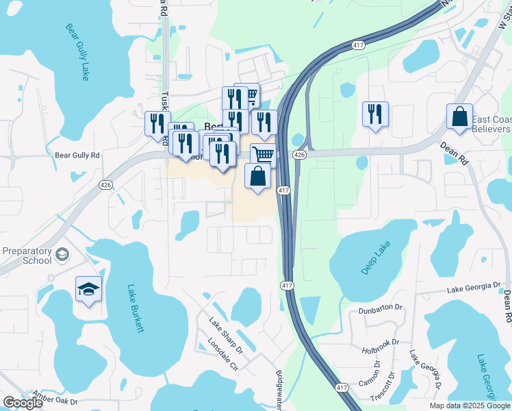 map of restaurants, bars, coffee shops, grocery stores, and more near 5521 Deep Lake Road in Oviedo