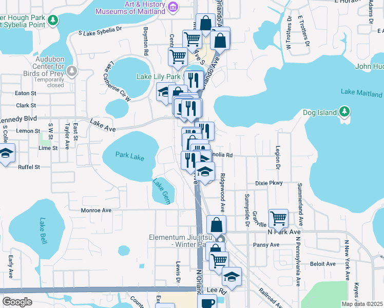 map of restaurants, bars, coffee shops, grocery stores, and more near 1443 South Orlando Avenue in Maitland