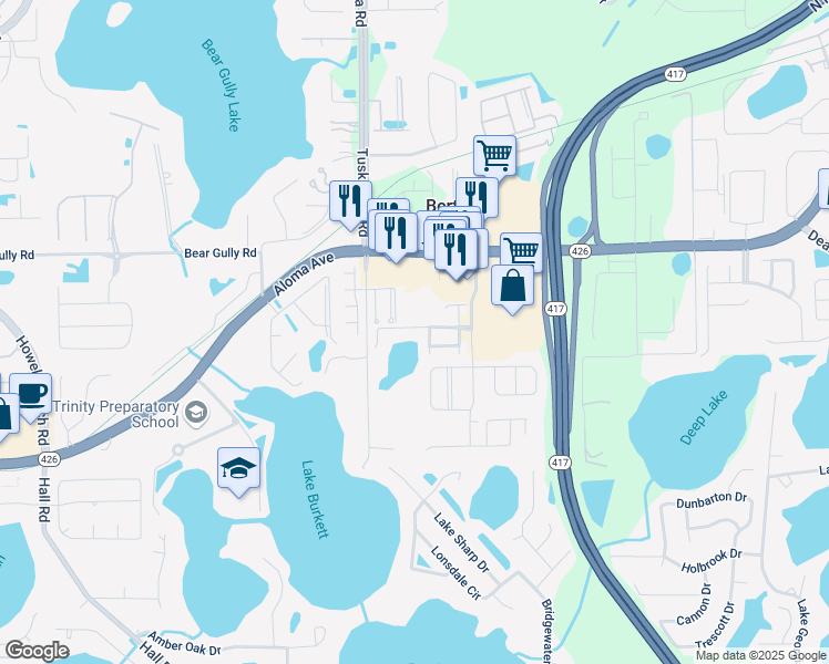 map of restaurants, bars, coffee shops, grocery stores, and more near 8477 Chamberlain Place in Oviedo