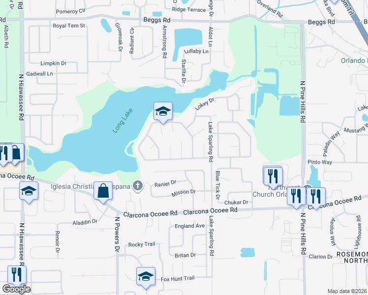 map of restaurants, bars, coffee shops, grocery stores, and more near 5709 Lakefield Court in Orlando