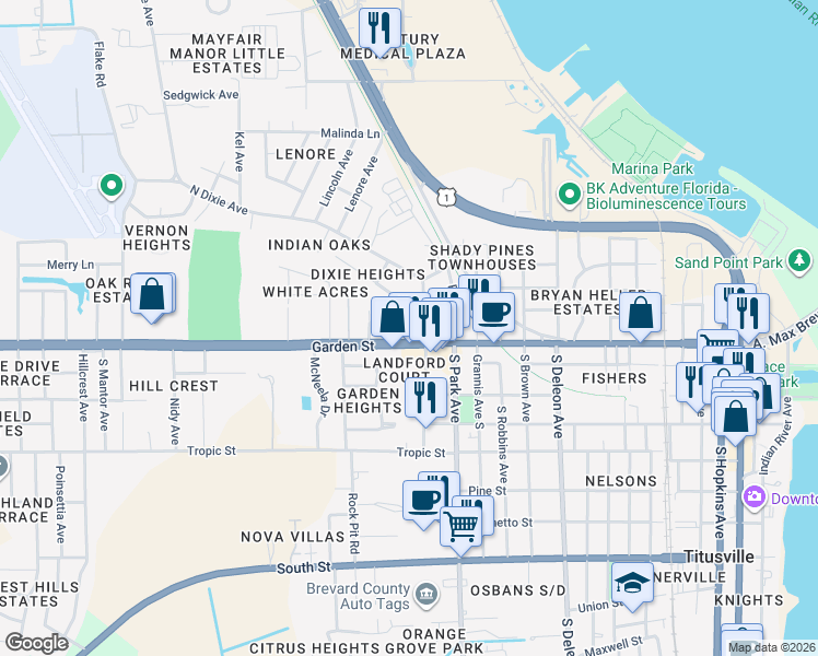 map of restaurants, bars, coffee shops, grocery stores, and more near 1504 Garden Street in Titusville