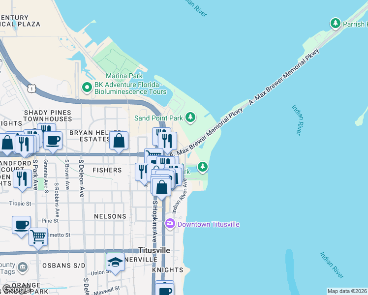 map of restaurants, bars, coffee shops, grocery stores, and more near 1 Indian River Avenue in Titusville