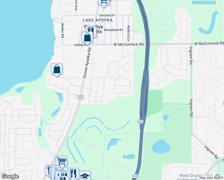 map of restaurants, bars, coffee shops, grocery stores, and more near 3322 Fawnwood Drive in Ocoee