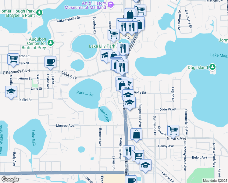 map of restaurants, bars, coffee shops, grocery stores, and more near 221 Circle Drive in Maitland