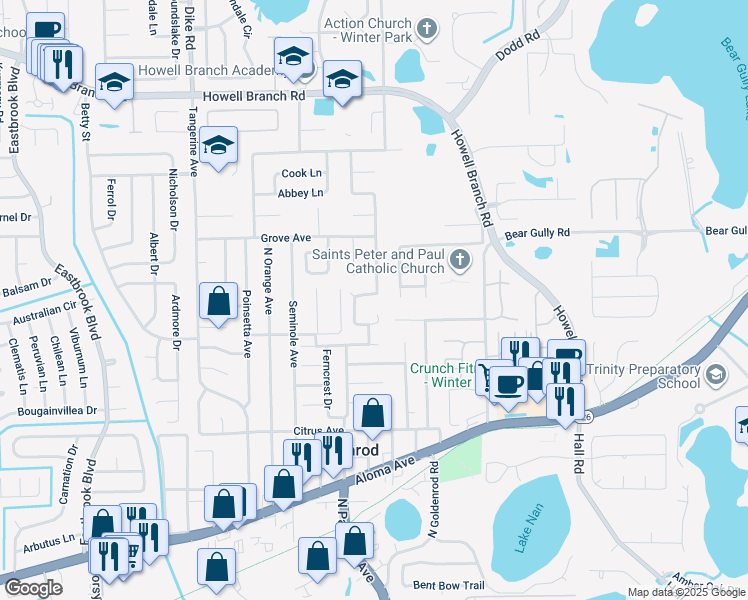 map of restaurants, bars, coffee shops, grocery stores, and more near 5247 North Woodcrest Drive in Winter Park