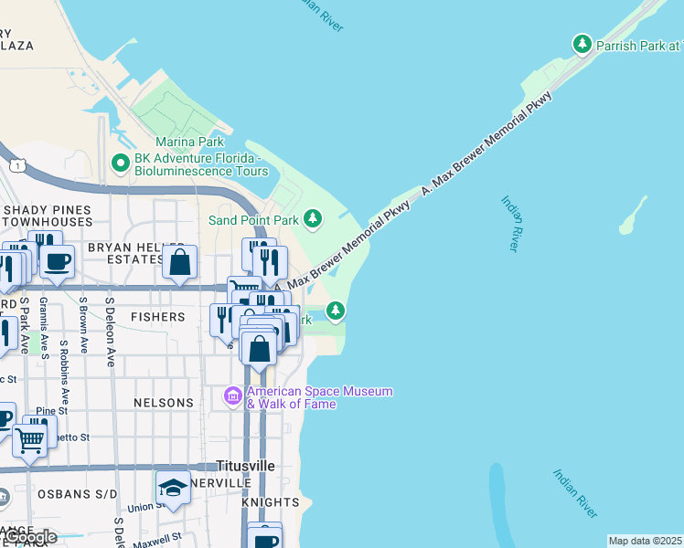 map of restaurants, bars, coffee shops, grocery stores, and more near 5 Indian River Avenue in Titusville