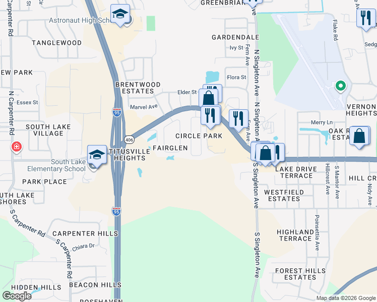 map of restaurants, bars, coffee shops, grocery stores, and more near 52 Fairglen Drive in Titusville