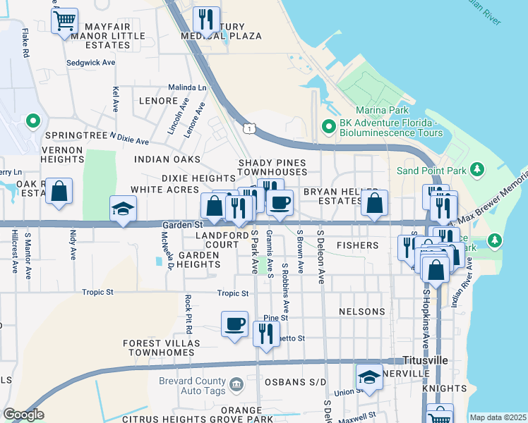 map of restaurants, bars, coffee shops, grocery stores, and more near 1390 Garden Street in Titusville