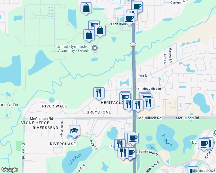 map of restaurants, bars, coffee shops, grocery stores, and more near 3645 Oakdale Circle in Oviedo