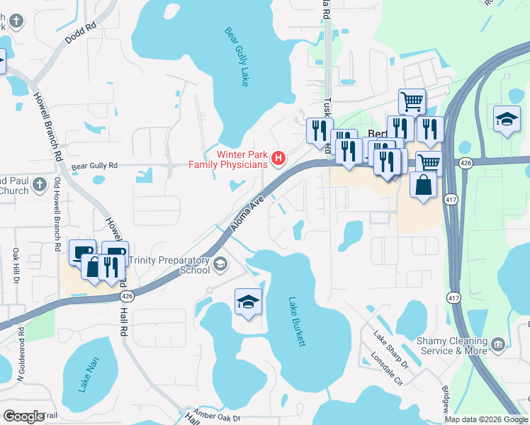 map of restaurants, bars, coffee shops, grocery stores, and more near 5550 South Lake Burkett Lane in Winter Park